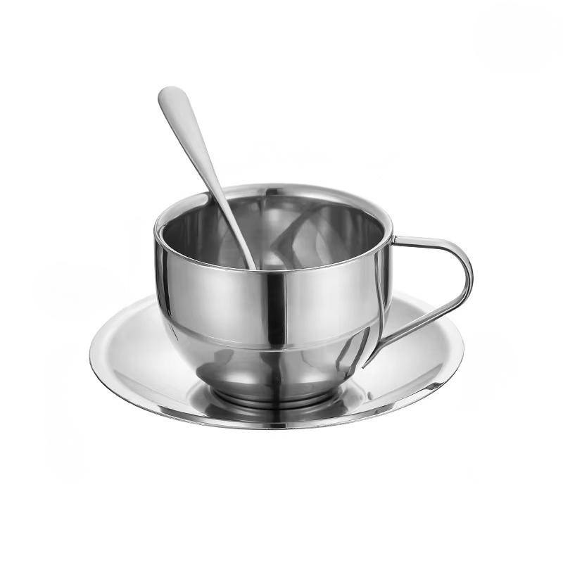 Insulated Metal Coffee Mug Set with Saucer and Utensil