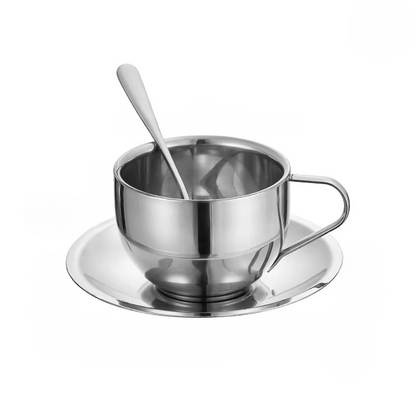 Insulated Metal Coffee Mug Set with Saucer and Utensil