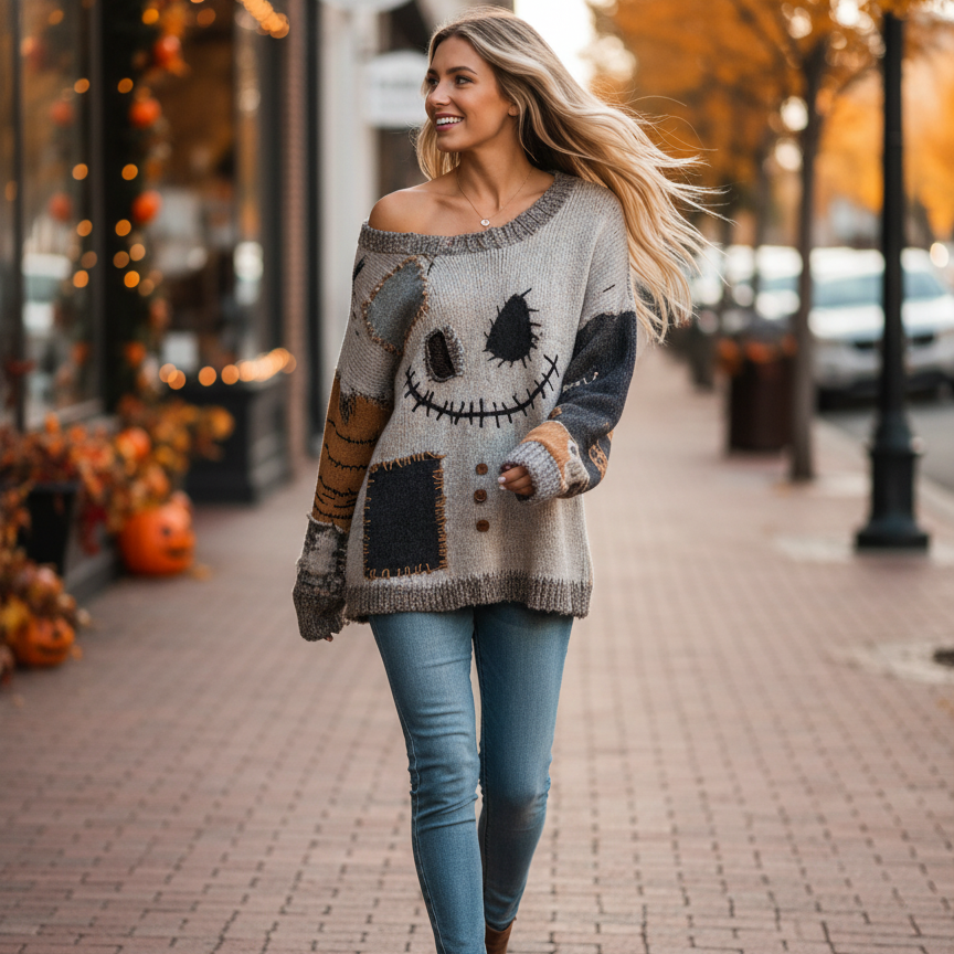 Soft Orange Faux Fur V-Neck Fall Sweater for Women