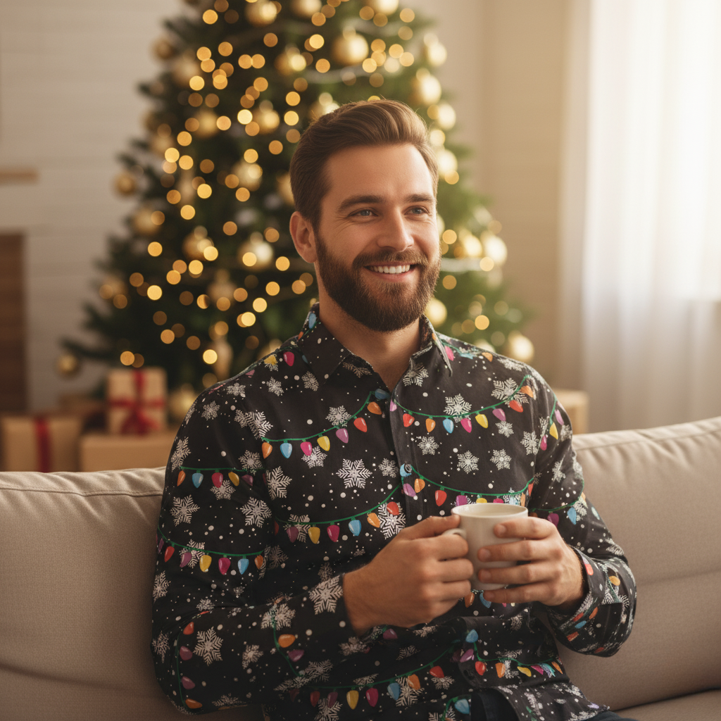 Mens Festive Holiday Long Sleeve Button Down Shirt
