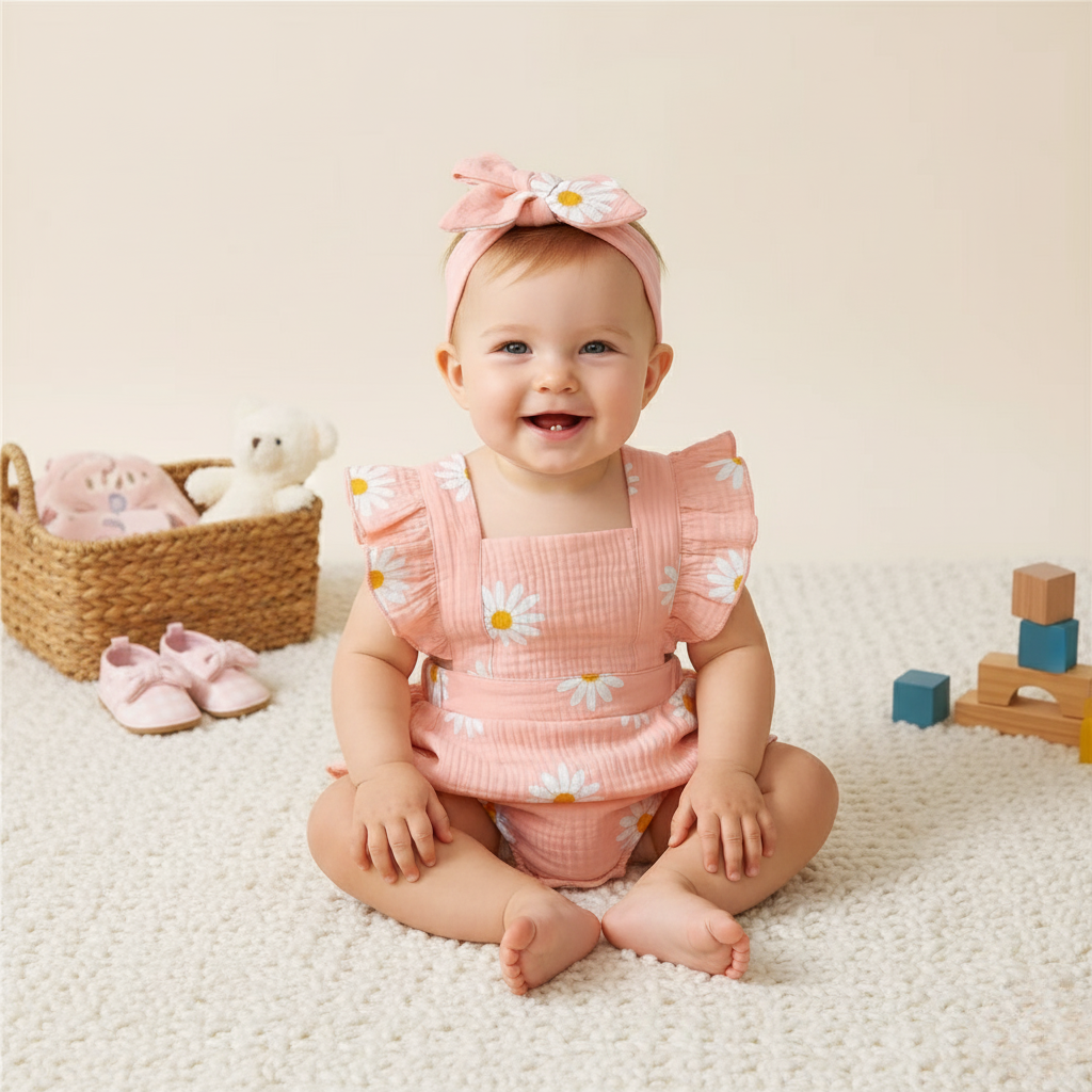 Cute Girls Floral Jumpsuit with Headband, Summer Romper Suit