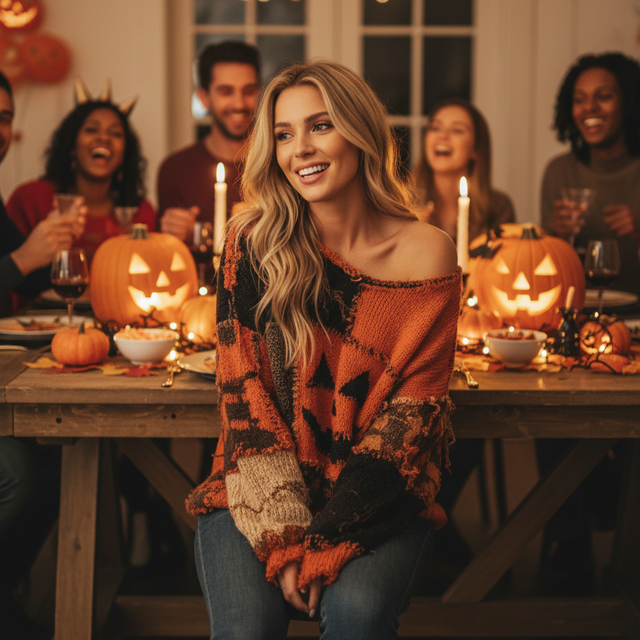 Soft Orange Faux Fur V-Neck Fall Sweater for Women