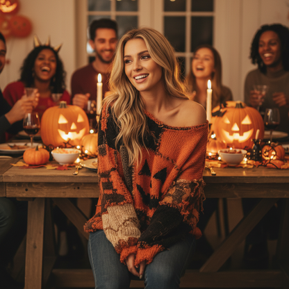 Soft Orange Faux Fur V-Neck Fall Sweater for Women
