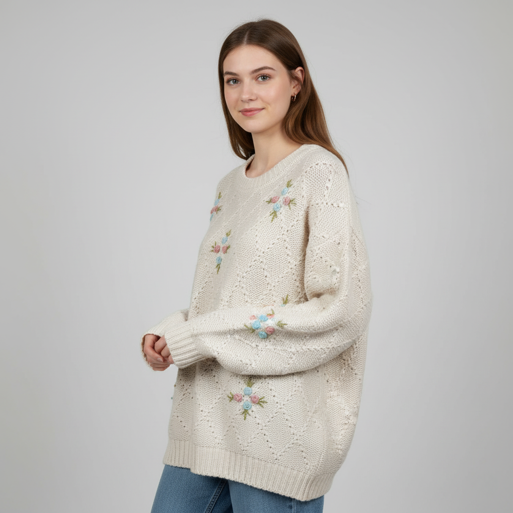 Classic Floral Embroidered Cozy Knit Sweater