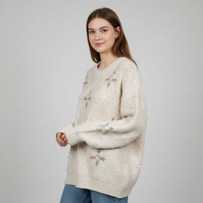 Classic Floral Embroidered Cozy Knit Sweater