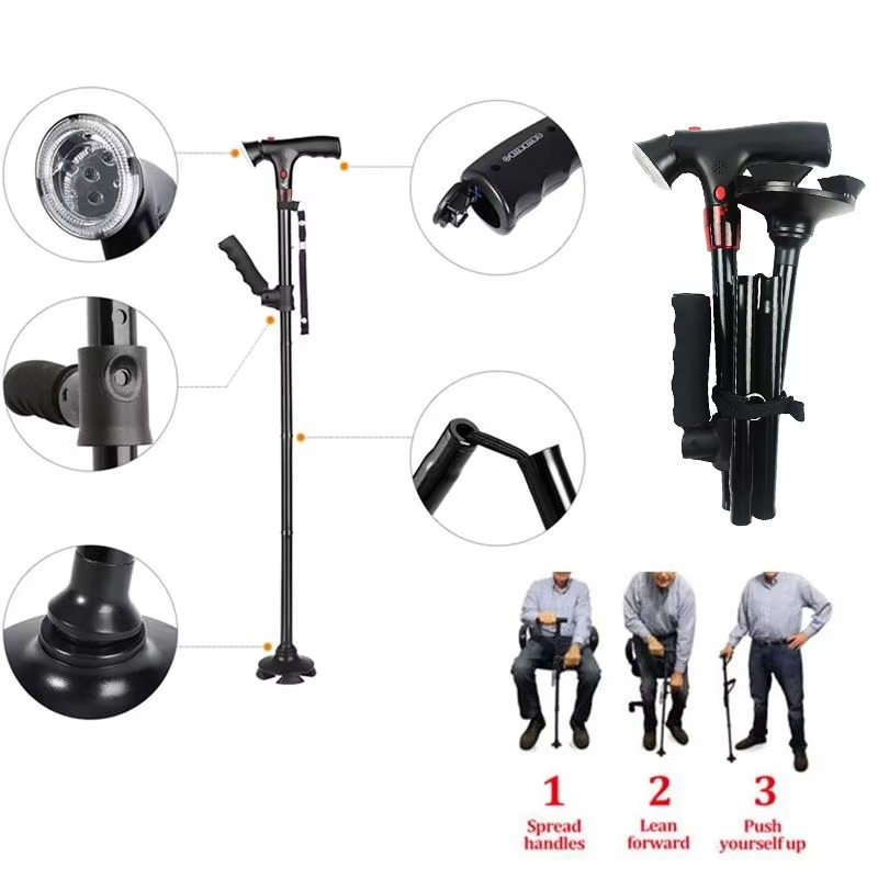 Portable LED Cane with Alarm, Adjustable Walking Stick
