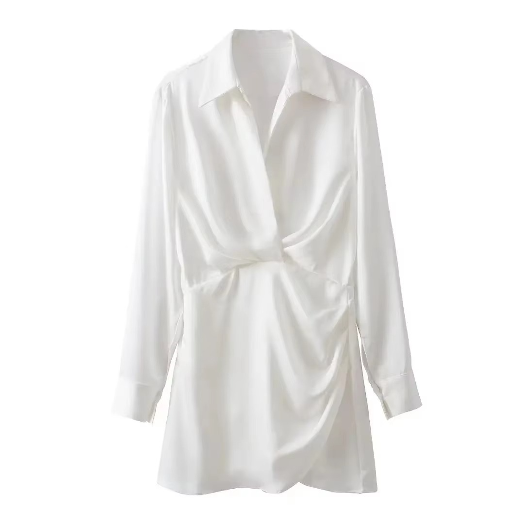 Lightweight Satin Mini Dress with Collar and Long Sleeves - Hehif