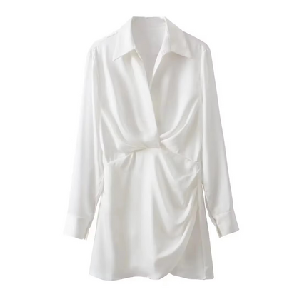 Lightweight Satin Mini Dress with Collar and Long Sleeves - Hehif