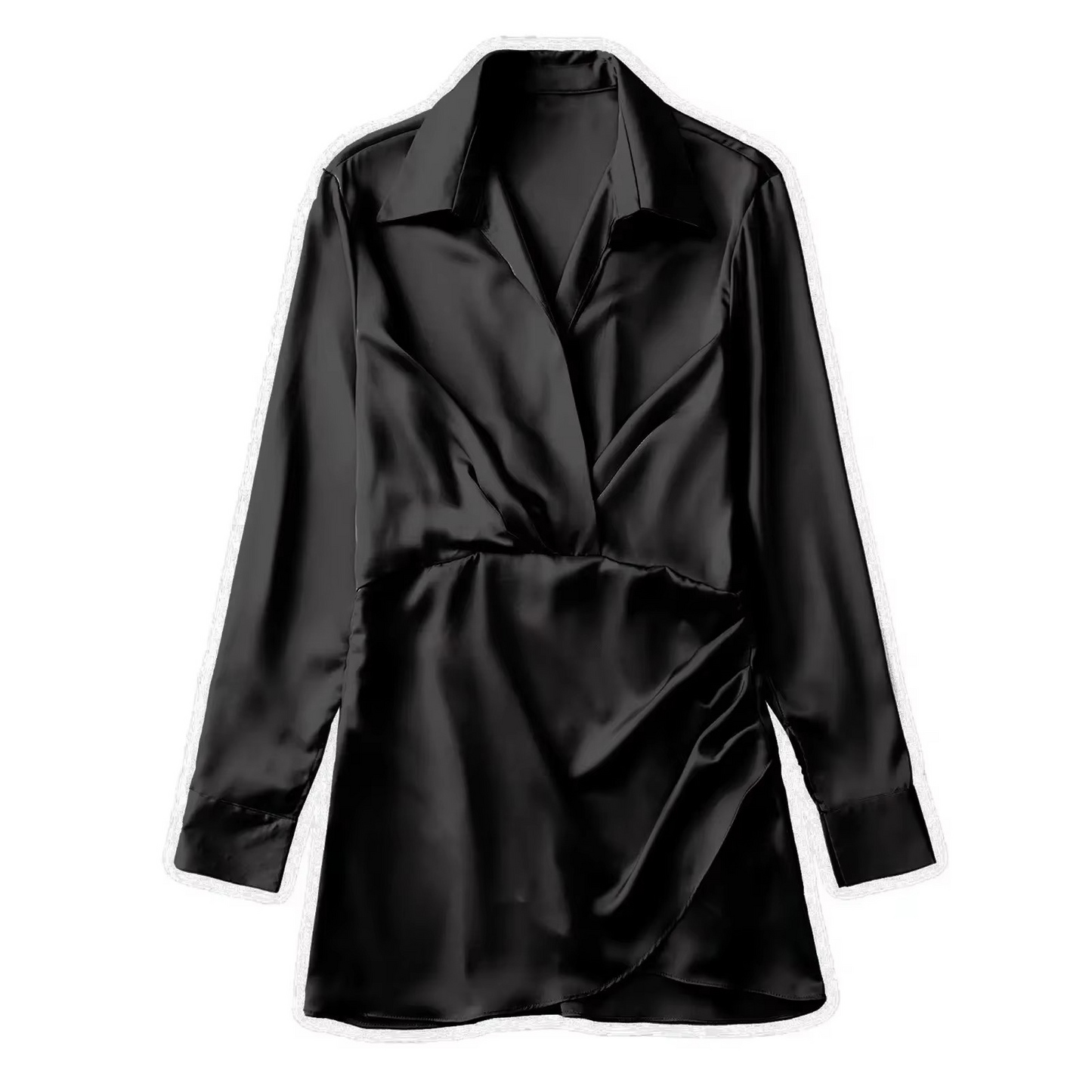 Lightweight Satin Mini Dress with Collar and Long Sleeves
