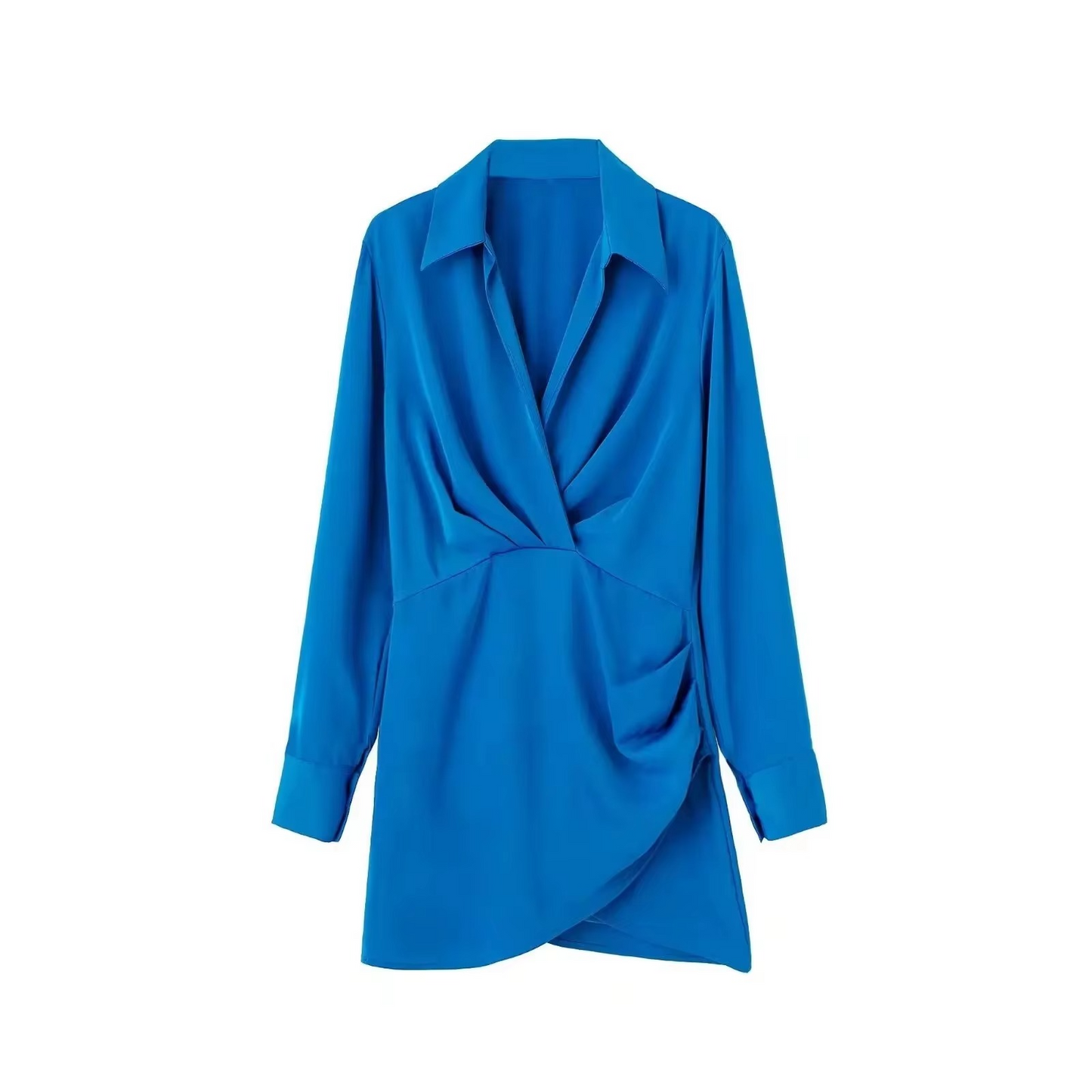 Lightweight Satin Mini Dress with Collar and Long Sleeves