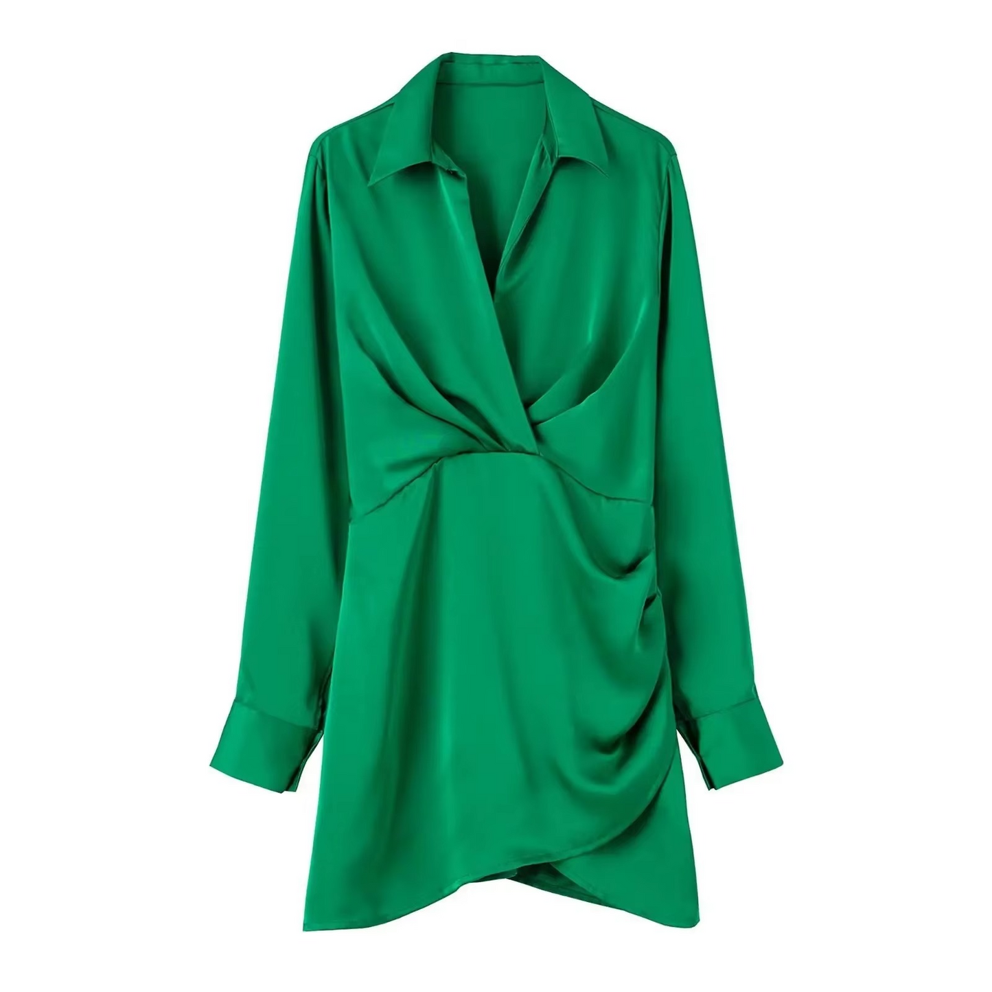 Lightweight Satin Mini Dress with Collar and Long Sleeves