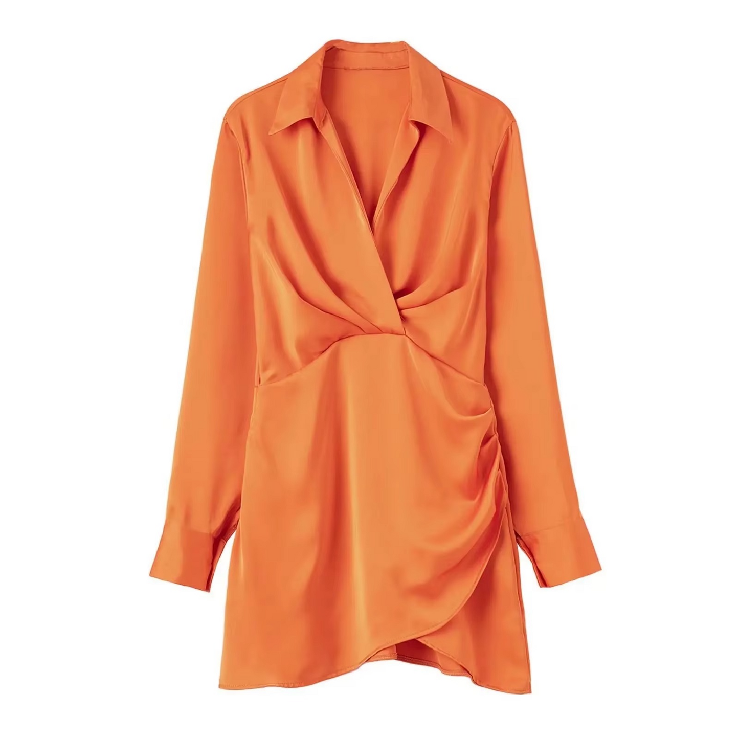 Lightweight Satin Mini Dress with Collar and Long Sleeves