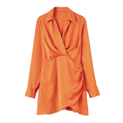Lightweight Satin Mini Dress with Collar and Long Sleeves