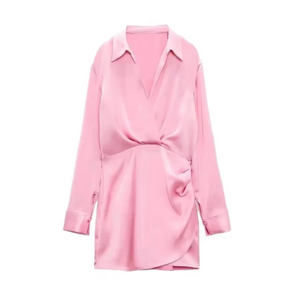 Lightweight Satin Mini Dress with Collar and Long Sleeves