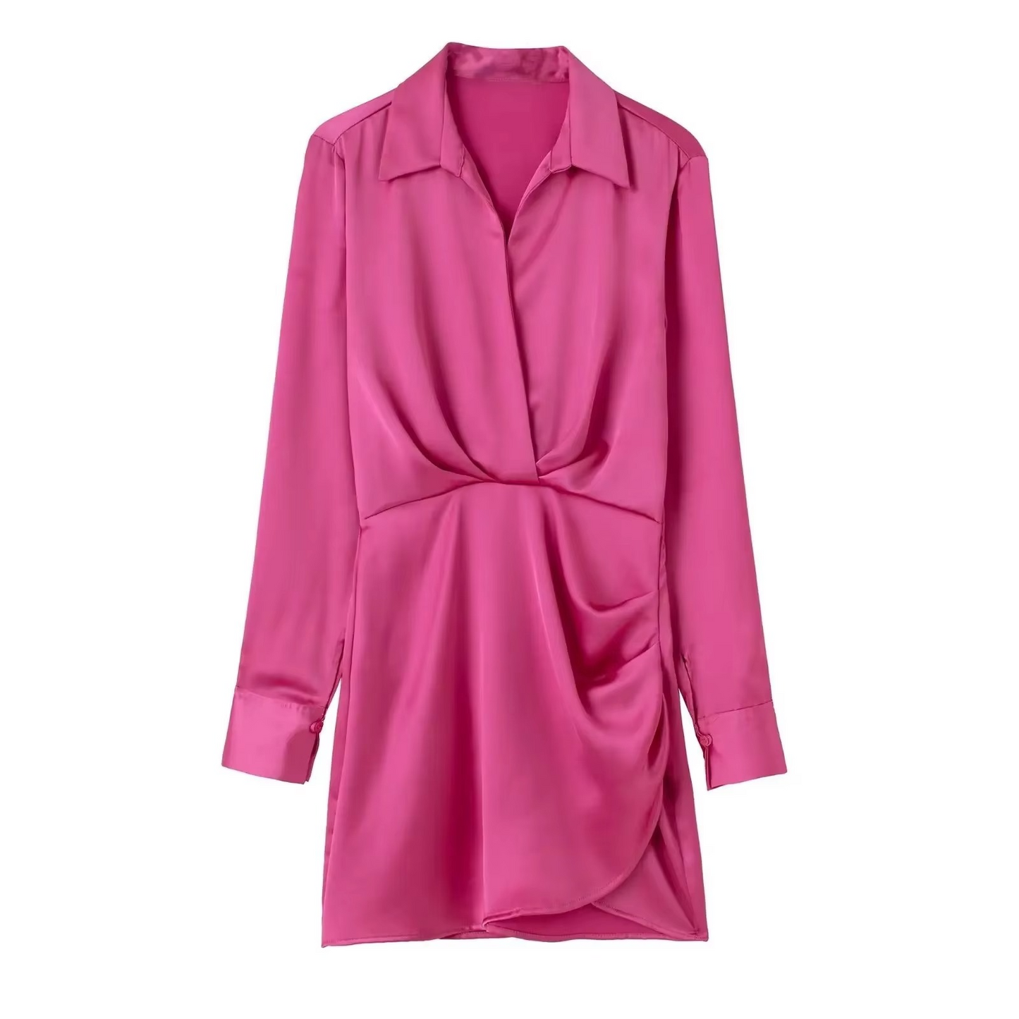 Lightweight Satin Mini Dress with Collar and Long Sleeves