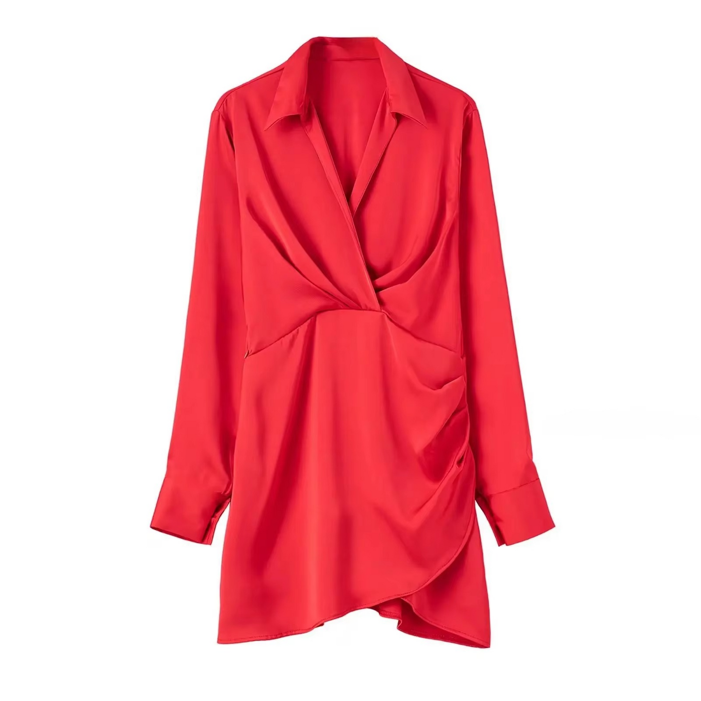 Lightweight Satin Mini Dress with Collar and Long Sleeves