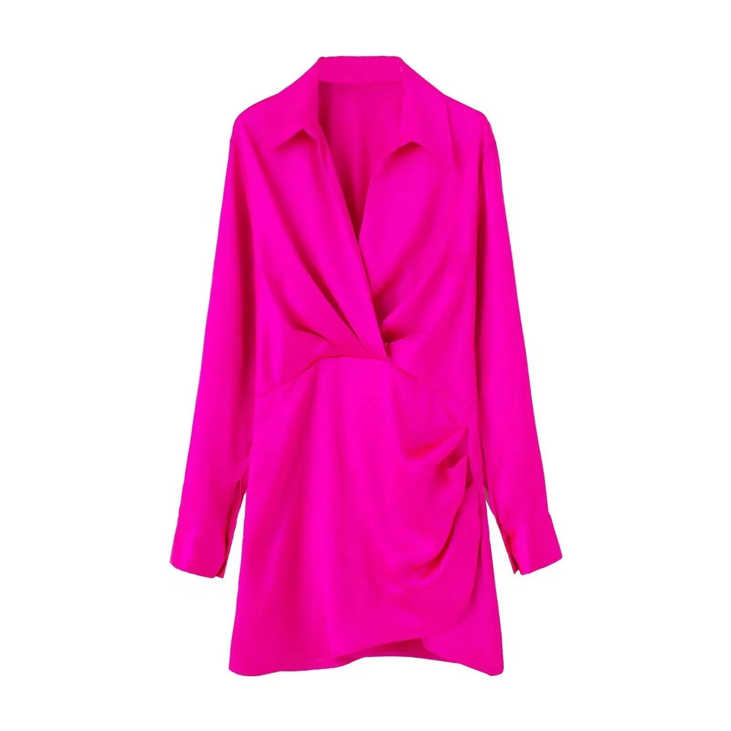 Lightweight Satin Mini Dress with Collar and Long Sleeves