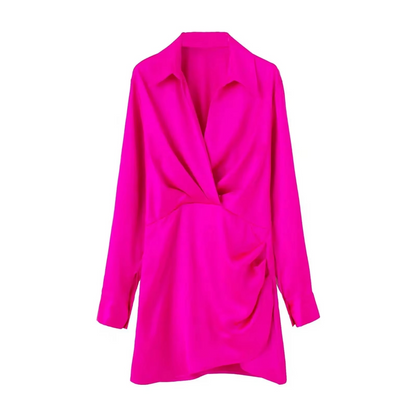 Lightweight Satin Mini Dress with Collar and Long Sleeves