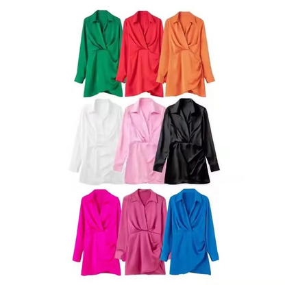 Lightweight Satin Mini Dress with Collar and Long Sleeves