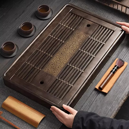 Natural Wood Tea Serving Platter with Built-in Drain