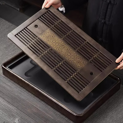 Natural Wood Tea Serving Platter with Built-in Drain