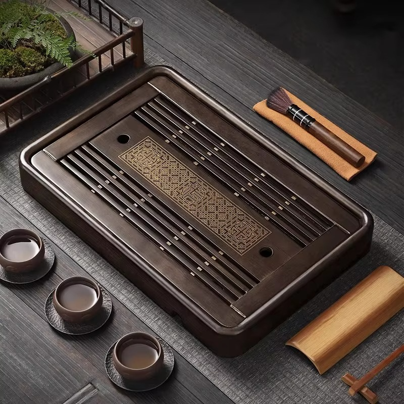 Natural Wood Tea Serving Platter with Built-in Drain