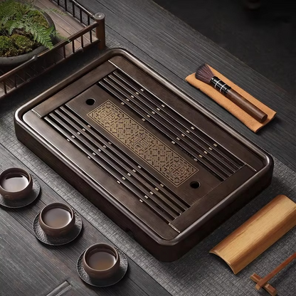 Natural Wood Tea Serving Platter with Built-in Drain