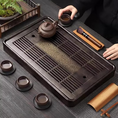 Natural Wood Tea Serving Platter with Built-in Drain