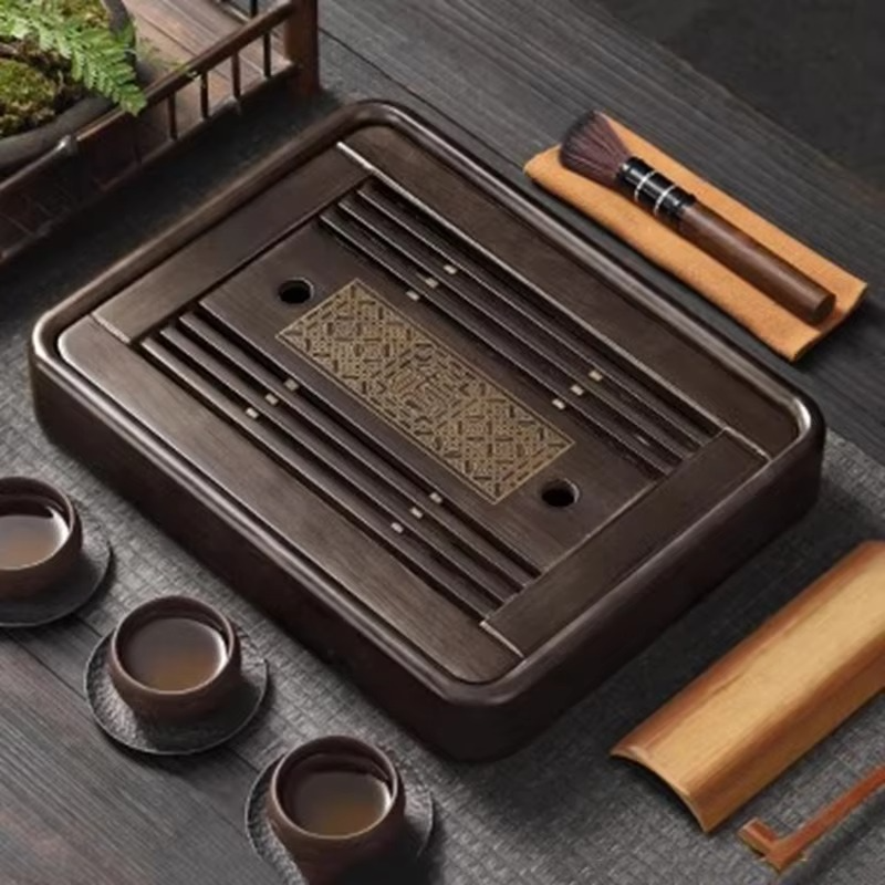 Natural Wood Tea Serving Platter with Built-in Drain - Hehif