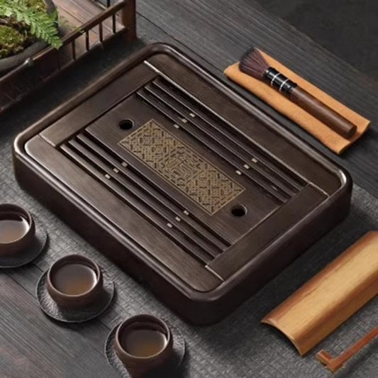 Natural Wood Tea Serving Platter with Built-in Drain - Hehif