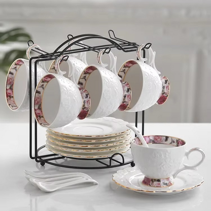 Delicate Floral Ceramic Teapot and Cup Set with Tray - Hehif