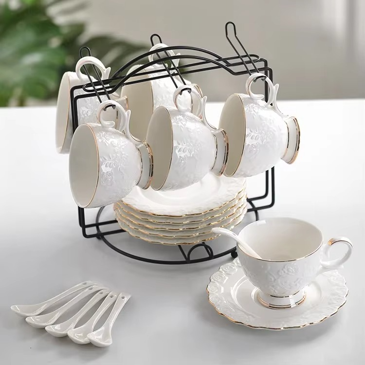 Delicate Floral Ceramic Teapot and Cup Set with Tray