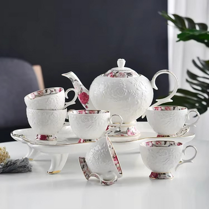 Delicate Floral Ceramic Teapot and Cup Set with Tray