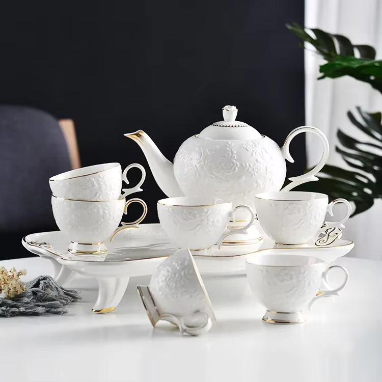 Delicate Floral Ceramic Teapot and Cup Set with Tray