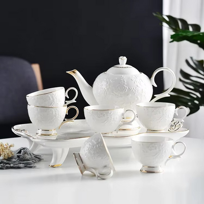 Delicate Floral Ceramic Teapot and Cup Set with Tray