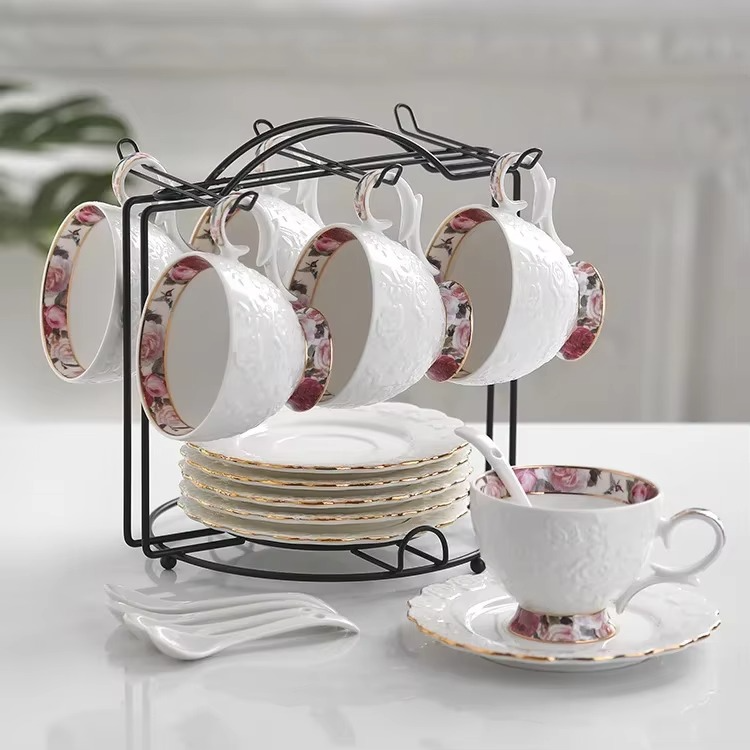 Delicate Floral Ceramic Teapot and Cup Set with Tray