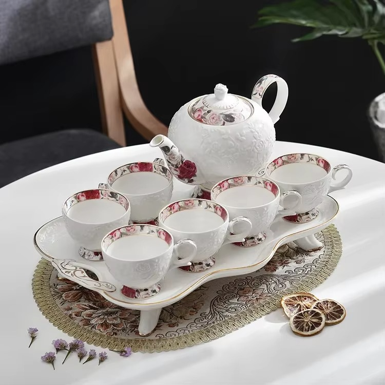Delicate Floral Ceramic Teapot and Cup Set with Tray