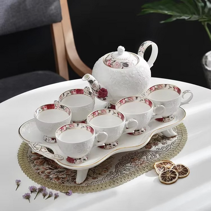 Delicate Floral Ceramic Teapot and Cup Set with Tray