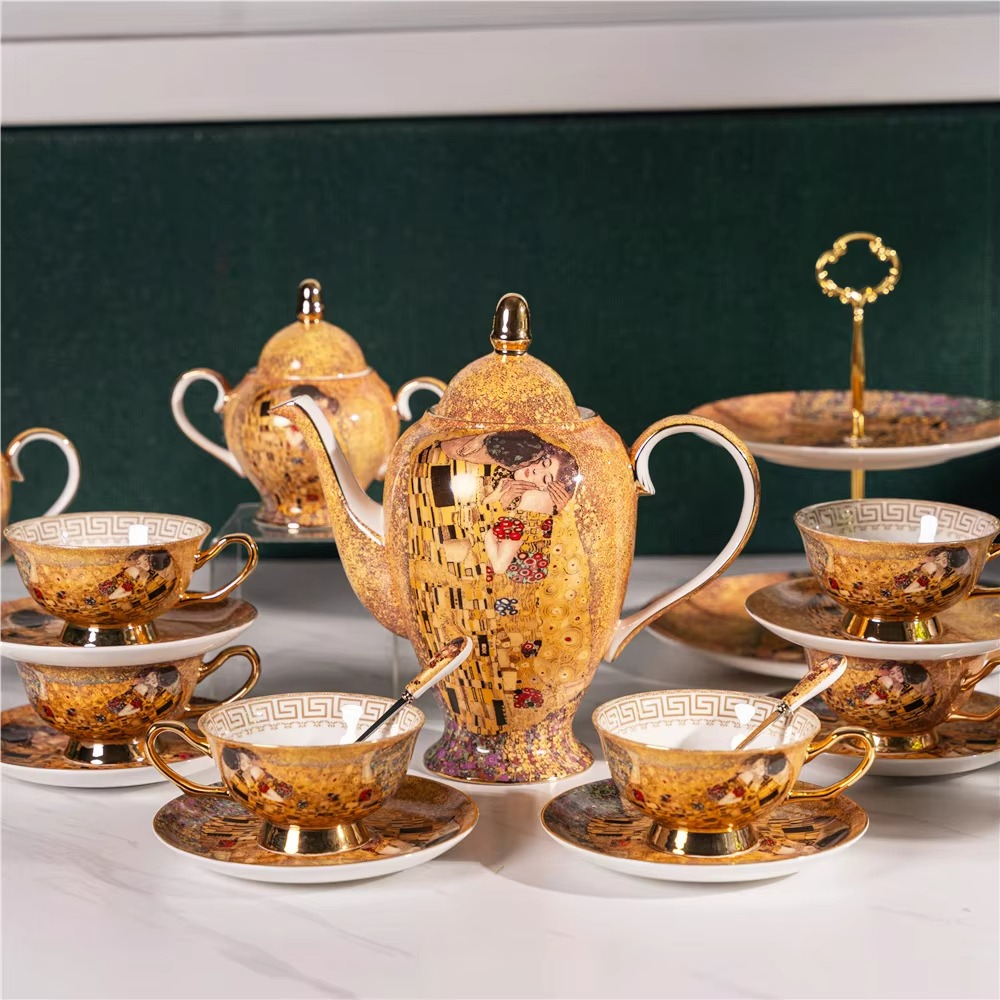 Elegant Porcelain Coffee and Tea Set with Romantic Art