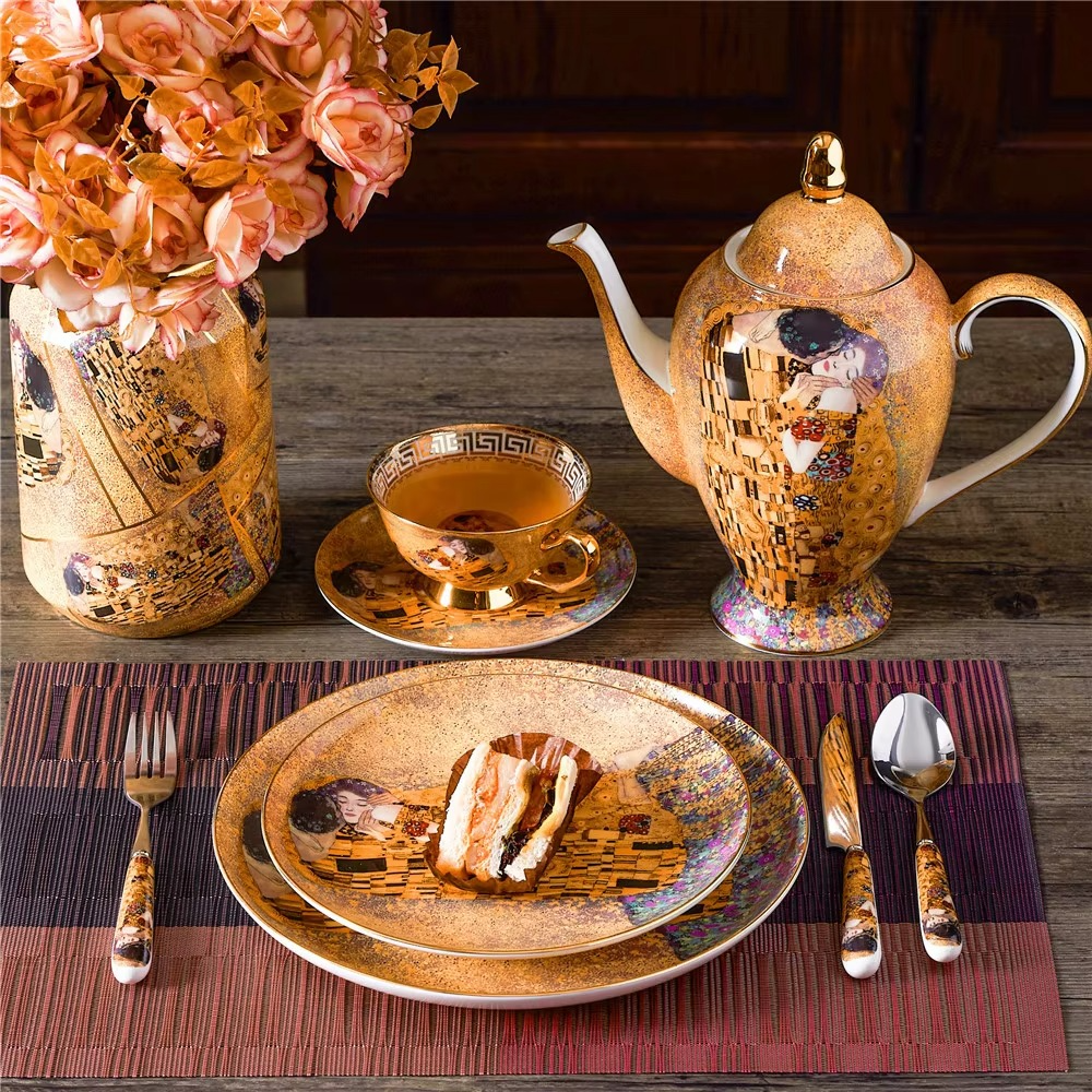 Elegant Porcelain Coffee and Tea Set with Romantic Art