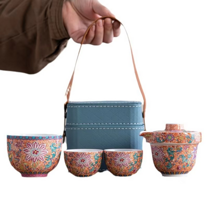 Compact Ceramic Travel Tea Kit with Pot and Cups