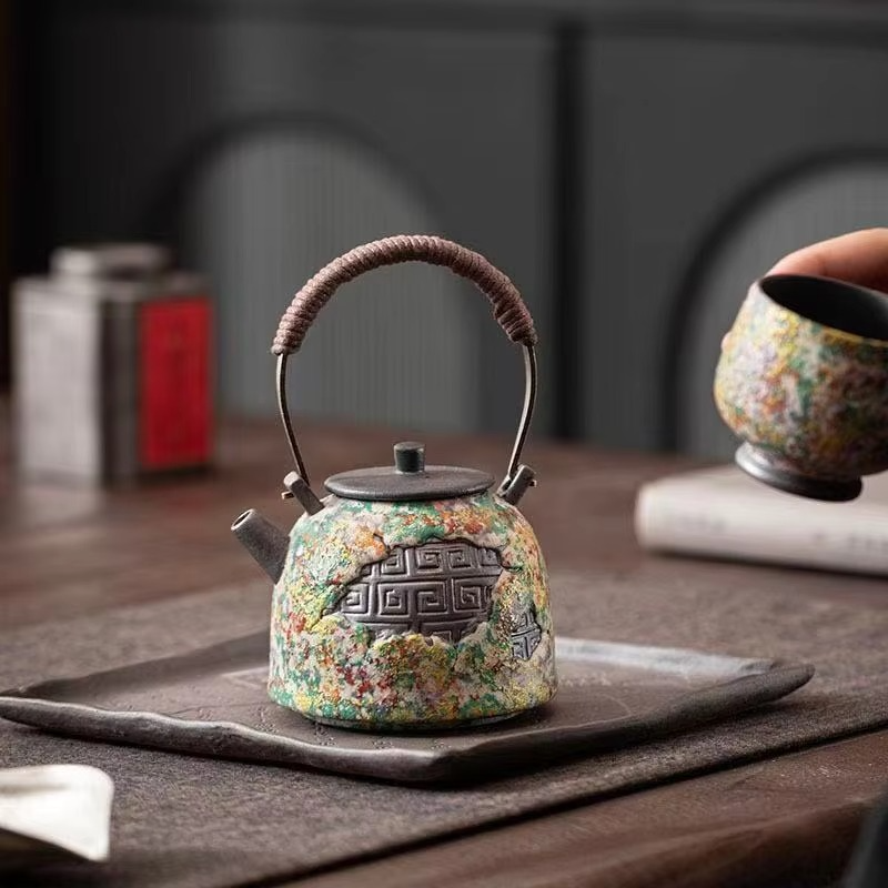 Natural Stone Design Ceramic Teapot with Wooden Handle