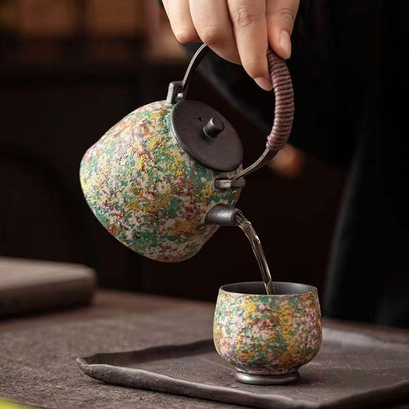 Natural Stone Design Ceramic Teapot with Wooden Handle