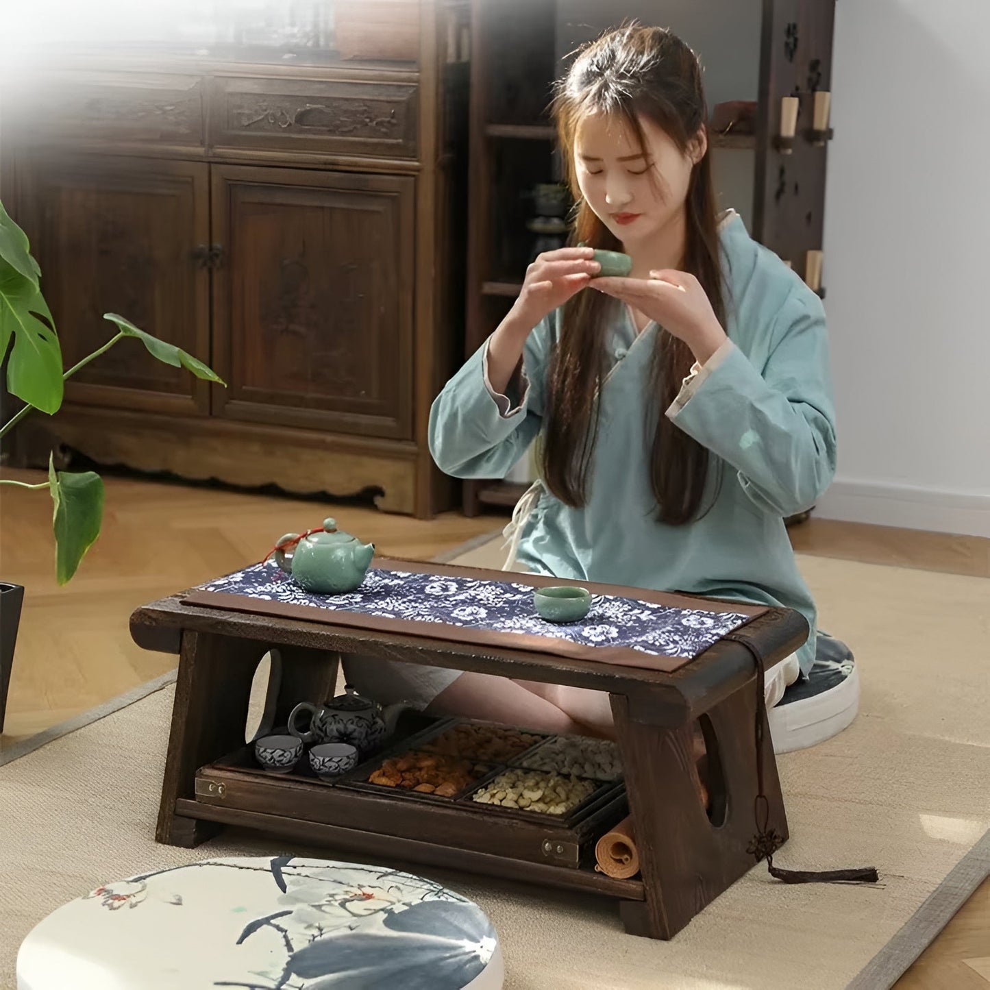 Portable Wooden Folding Table, Asian Style Desk with Natural Design