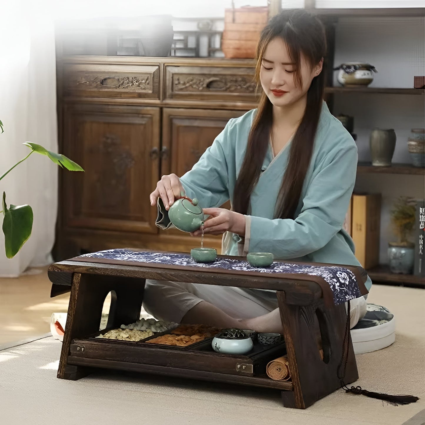 Portable Wooden Folding Table, Asian Style Desk with Natural Design