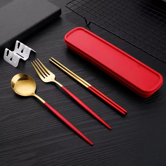 Travel 3-Piece Stainless Steel Utensil Set with Fork, Spoon, Chopsticks - Hehif