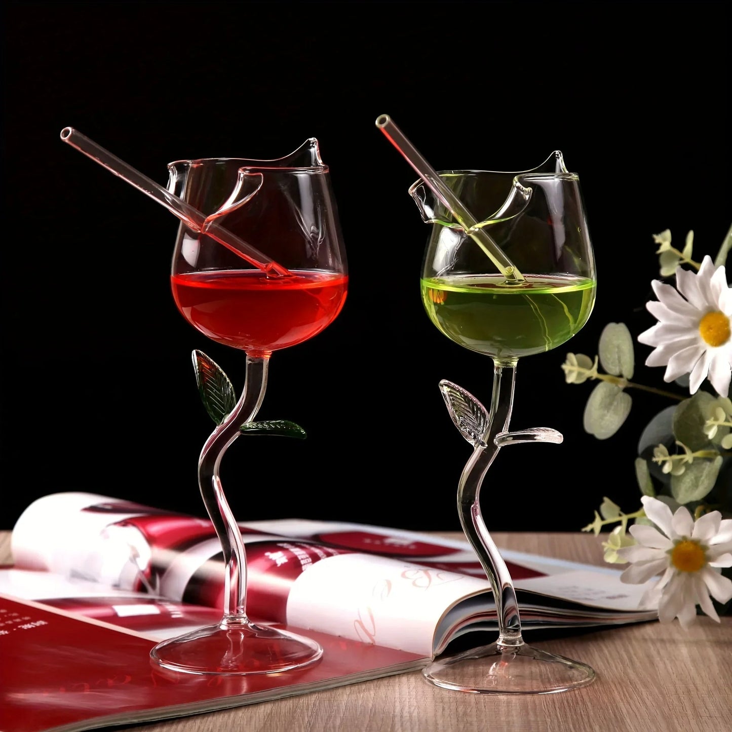 Pair of Elegant Flower Wine Glasses - Hehif