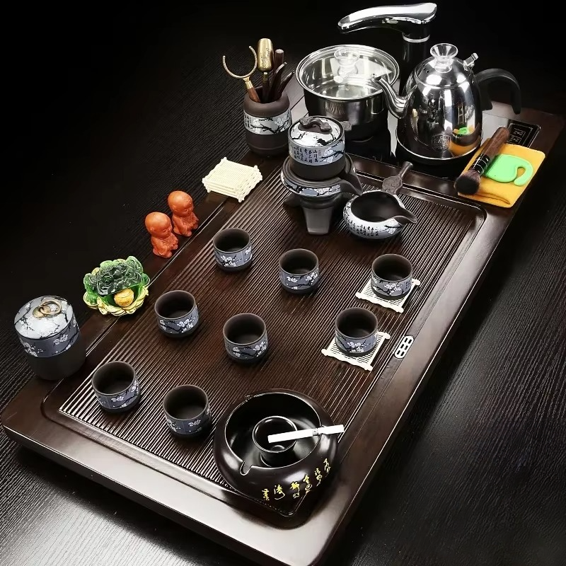 Natural Wooden Tea Server and Purple Clay Martial Tea Set