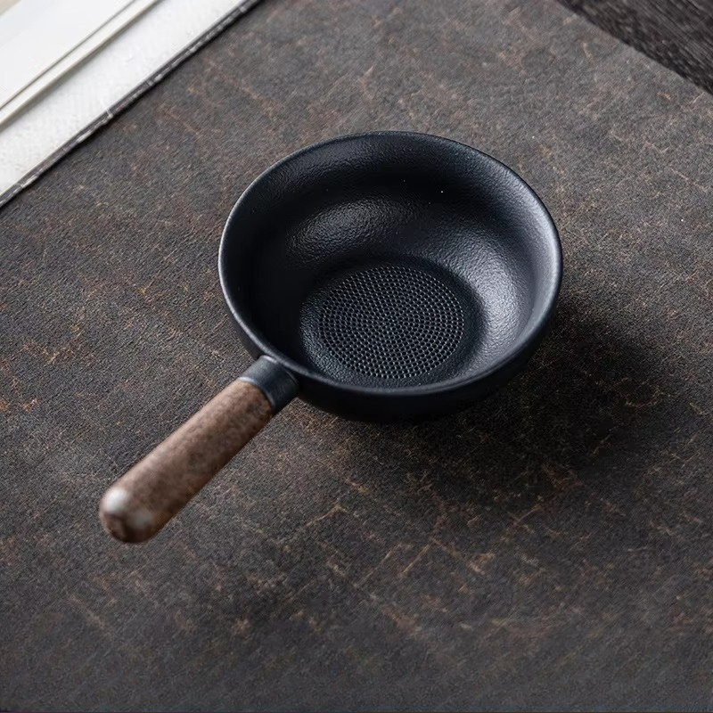 Rustic Wooden Handle Ceramic Tea Infuser with Built-in Strainer
