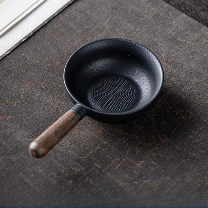Rustic Wooden Handle Ceramic Tea Infuser with Built-in Strainer